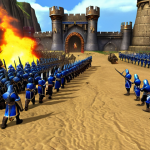 **Warcraft III Human Alliance Early Game Strategy**: A vibrant, detailed scene depicting the core Human Alliance army in a defensive posture. An Archmage, radiating blue mana, stands front-center, a summoned Water Elemental by its side. Behind them, disciplined Footmen with their shields raised (Defend ability active) form a protective line, while Riflemen aim their muskets from behind. In the background, a fortified base with Guard Towers and Arcane Towers stands tall, hinting at strategic early-game construction and economic efficiency. The overall mood conveys tactical precision and the synergy of early units.