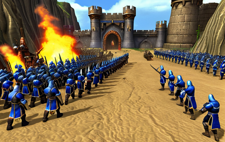 **Warcraft III Human Alliance Early Game Strategy**: A vibrant, detailed scene depicting the core Human Alliance army in a defensive posture. An Archmage, radiating blue mana, stands front-center, a summoned Water Elemental by its side. Behind them, disciplined Footmen with their shields raised (Defend ability active) form a protective line, while Riflemen aim their muskets from behind. In the background, a fortified base with Guard Towers and Arcane Towers stands tall, hinting at strategic early-game construction and economic efficiency. The overall mood conveys tactical precision and the synergy of early units.