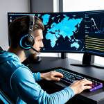 A professional esports player, either male or female, fully clothed in a modest, high-performance esports jersey, is seated at an ergonomic gaming desk in a clean, minimalist setup. Two large monitors display abstract data visualizations related to game performance metrics and strategic analysis, with no specific game content. The player's posture is natural and focused, demonstrating intense concentration. The scene emphasizes a high-tech, organized environment, with well-formed hands resting naturally on an advanced keyboard and mouse. The overall image captures the essence of a professional, high-quality, and optimized gaming experience.