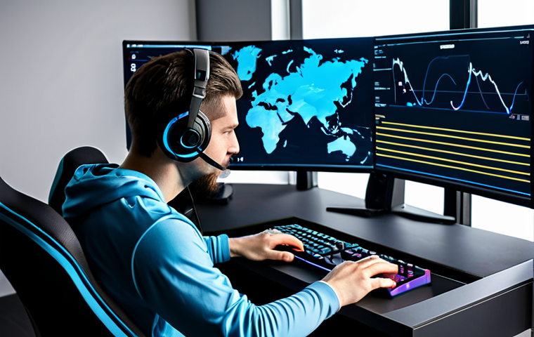 A professional esports player, either male or female, fully clothed in a modest, high-performance esports jersey, is seated at an ergonomic gaming desk in a clean, minimalist setup. Two large monitors display abstract data visualizations related to game performance metrics and strategic analysis, with no specific game content. The player's posture is natural and focused, demonstrating intense concentration. The scene emphasizes a high-tech, organized environment, with well-formed hands resting naturally on an advanced keyboard and mouse. The overall image captures the essence of a professional, high-quality, and optimized gaming experience.