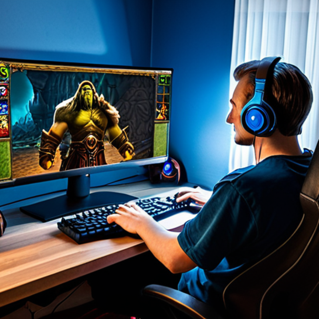 워크래프트3 최소 사양 정보 - Nostalgic Gamer Setup**

Prompt: "A warmly lit room showcasing a classic desktop PC setup, a monitor...