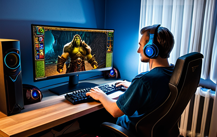 워크래프트3 최소 사양 정보 - Nostalgic Gamer Setup**

Prompt: "A warmly lit room showcasing a classic desktop PC setup, a monitor...