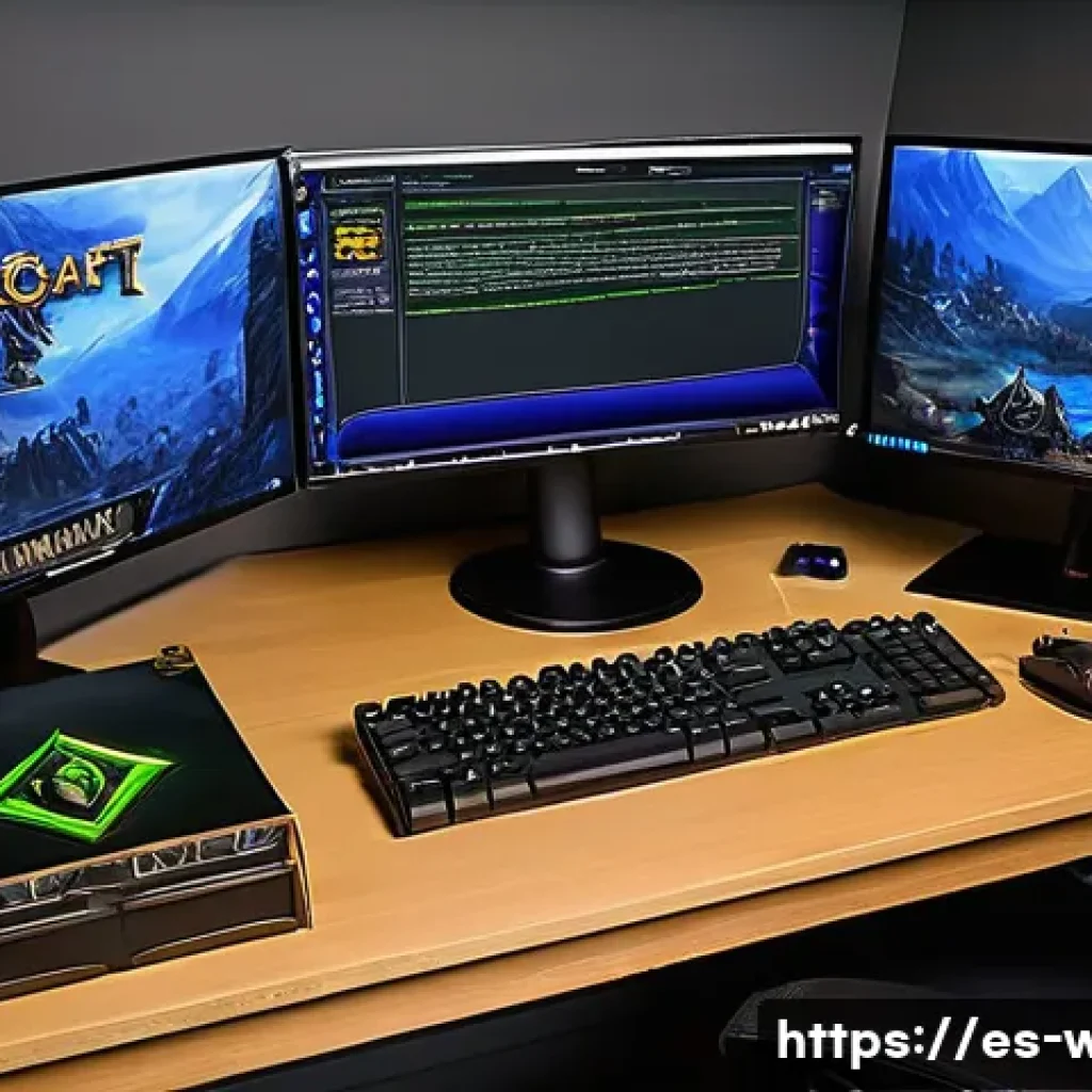 워크래프트3 환경 설정 백업하기 - A cozy, detailed gaming setup focused on Warcraft III customization and backup: a modern desk with a...