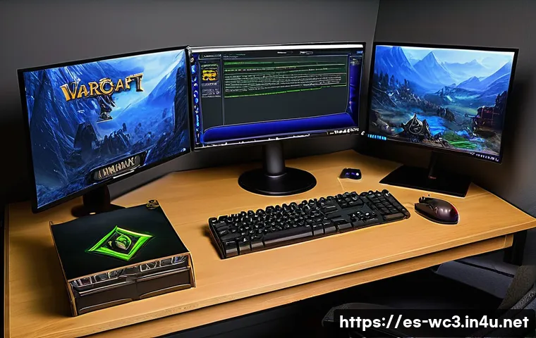 워크래프트3 환경 설정 백업하기 - A cozy, detailed gaming setup focused on Warcraft III customization and backup: a modern desk with a...