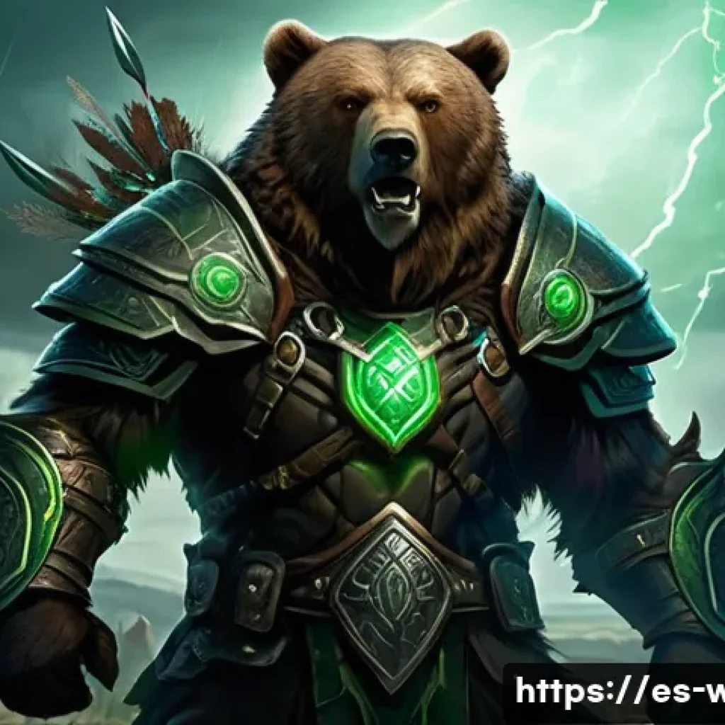 워크래프트3 나이트 엘프 드루이드 공략 - A powerful druid warrior in bear form standing at the frontline of a fantasy battlefield, muscular a...