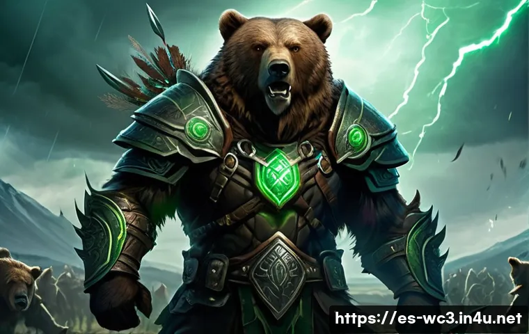 워크래프트3 나이트 엘프 드루이드 공략 - A powerful druid warrior in bear form standing at the frontline of a fantasy battlefield, muscular a...