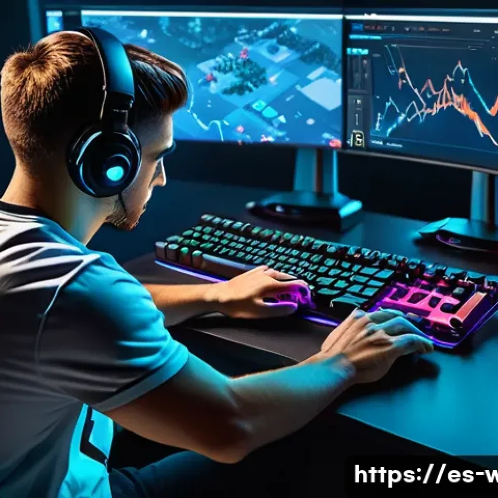 워크래프트3 멀티태스킹 훈련법 - A detailed digital art scene depicting a professional esports player intensely focused on a real-tim...