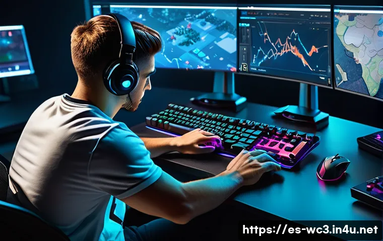 워크래프트3 멀티태스킹 훈련법 - A detailed digital art scene depicting a professional esports player intensely focused on a real-tim...