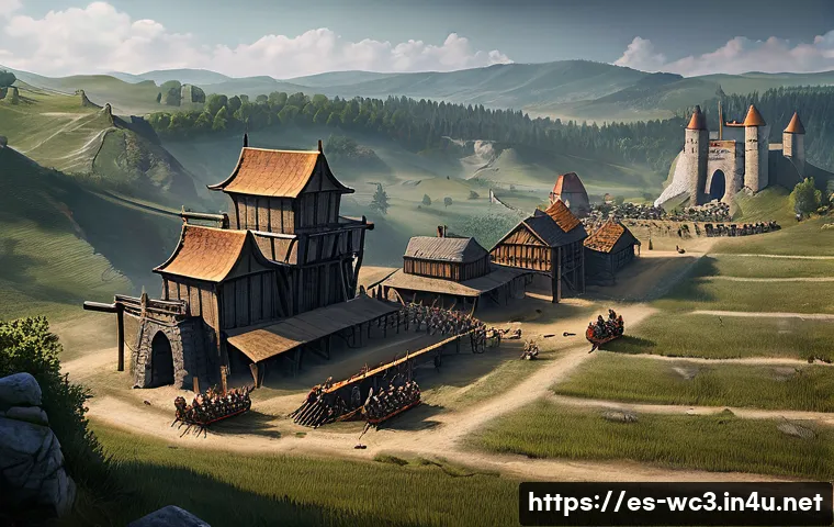 워크래프트3 장기전 대비법 - A detailed medieval fantasy strategy game base under siege during a prolonged battle, showing a well...