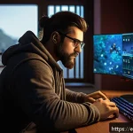 워크래프트3 해킹 및 보안 경고 - A detailed digital illustration of a vigilant gamer in a cozy Spanish-style room, intensely monitori...