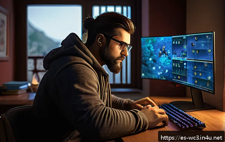 워크래프트3 해킹 및 보안 경고 - A detailed digital illustration of a vigilant gamer in a cozy Spanish-style room, intensely monitori...