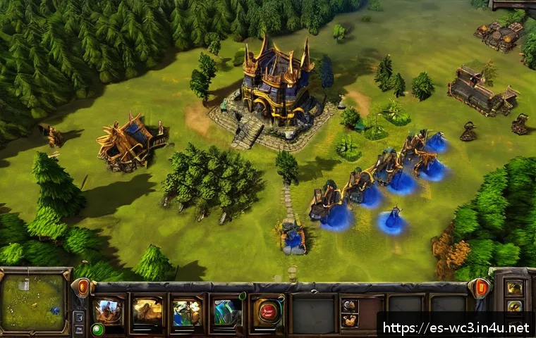 워크래프트3 카운터 빌드 전략 - A detailed Warcraft 3 battlefield scene showcasing a strategic map control moment: a lush forest env...
