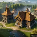 워크래프트3 빌딩 배치 최적화 - A detailed, high-fantasy Warcraft 3 inspired human base layout showing a compact cluster of medieval...