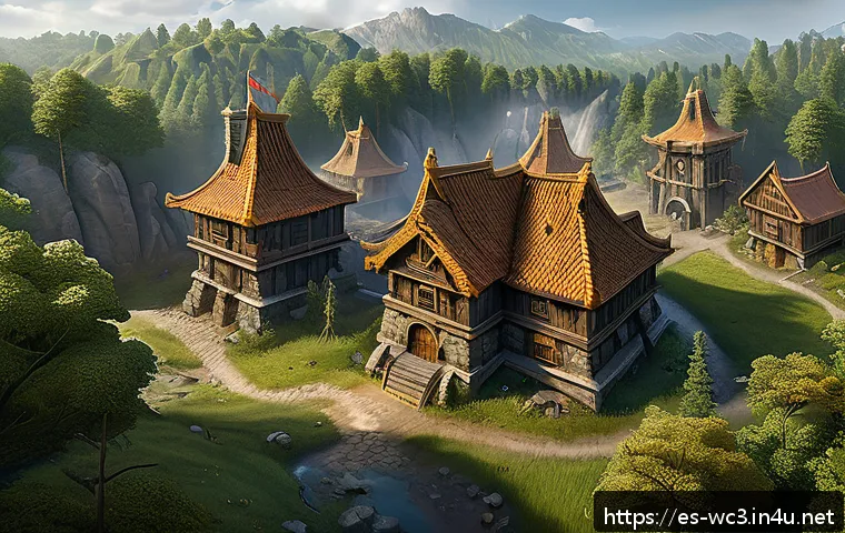 워크래프트3 빌딩 배치 최적화 - A detailed, high-fantasy Warcraft 3 inspired human base layout showing a compact cluster of medieval...