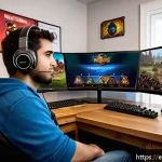 워크래프트3 배틀넷에서 친구 추가하는 법 - A detailed digital illustration of a Spanish-speaking gamer sitting at a modern gaming desk in a coz...