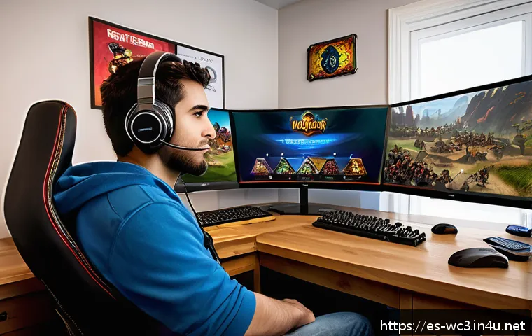워크래프트3 배틀넷에서 친구 추가하는 법 - A detailed digital illustration of a Spanish-speaking gamer sitting at a modern gaming desk in a coz...