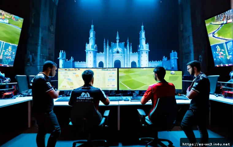 워크래프트3 경기 규칙 완벽 가이드 - Photorealistic Spanish esports tournament scene in a modern Madrid gaming arena, two focused adult p...